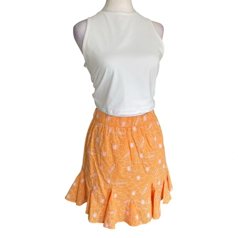 LOFT Garden Tangerine Orange and White Embroidered Godet Skirt Size Small